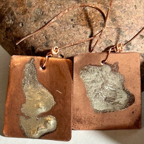 Sterling Silver 925 Reticulated Copper Earrings Rustic Gift Handmade Brutalist - Picture 1 of 8